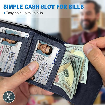 Wallet for Men,with Cash Pocket 2 ID Window 9-13 Cards,Metal Case Smart Slim Pop Up Credit Card Holder Flip with Magnetic Closure RFID Blocking Trifold wallet with Gift Box
