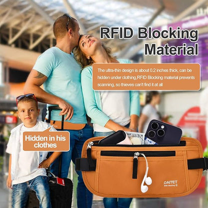 RFID Blocking Money Belt for Men Women, Slim Fanny Pack for Travel，Running,Conceal Waist Wallet for Passport Holder,Phone,Cash(Brown Orange)