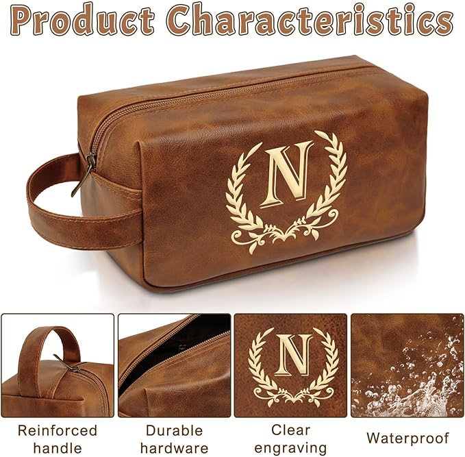 Leather Toiletry Bag Men Personalized Waterproof Shaving Bag, Travel Gift for Men Women with Initials A-Z (N)