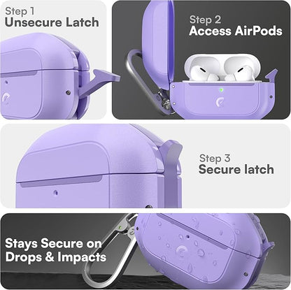 Keybudz for AirPods Pro 2 Case with Lock - Fully Waterproof AirPods Pro 2nd Generation Case Cover - Keychain, Rugged Tough Protection, Hard Shell and Carabiner for USB-C/Lightning (Wild Lavender)