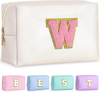 TOPEAST Initial Makeup Bags for Women, Cute Makeup Pouch, Waterproof Travel Toiletry Bag, Personalized Gifts for Girlfriend on Valentine's Day Anniversary, Preppy Stuff Gift for Girl (Pearly White W)