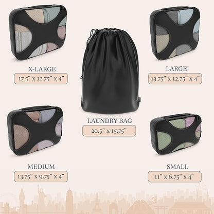 Shacke Premium 5 Packing Cubes Set - Lightweight Mesh Travel Luggage Organizers with Laundry Bag, 5-Piece Suitcase Storage System (Black)