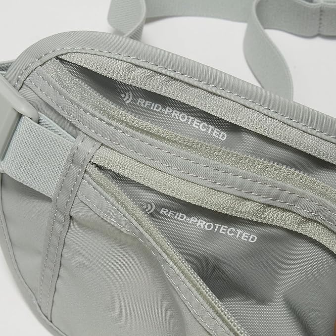 Pander RFID Blocking Travel Money Belt – Hidden Waist Pouch for Passport, Cash, Cards, Slim Belt Bag for Men and Women, Light Grey