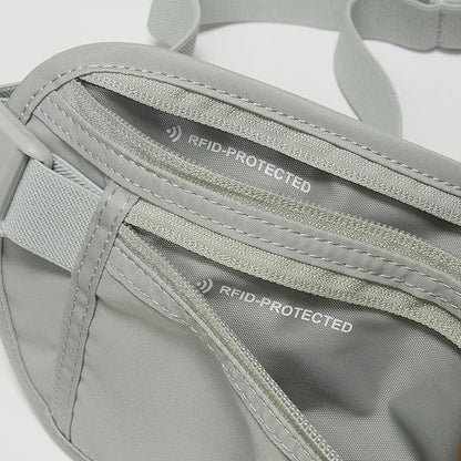 Pander RFID Blocking Travel Money Belt – Hidden Waist Pouch for Passport, Cash, Cards, Slim Belt Bag for Men and Women, Light Grey