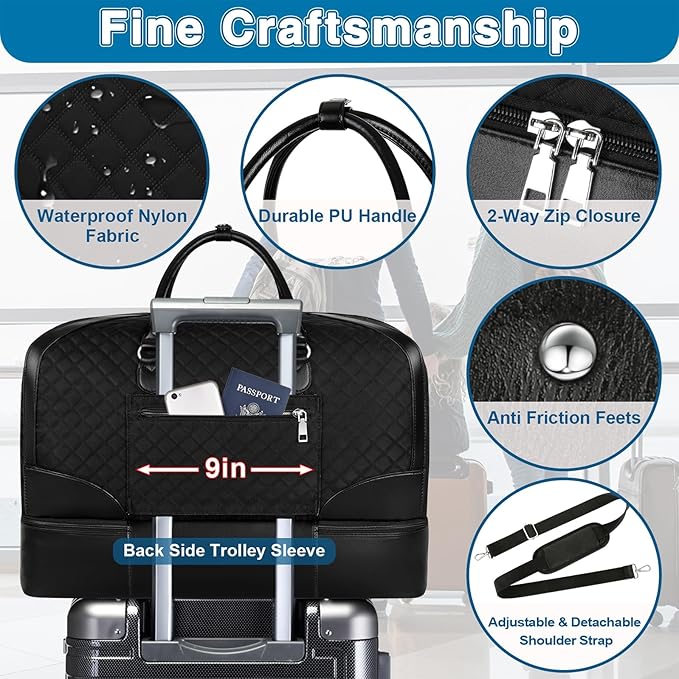 Weekender Bag for Women, Travel Duffel Bag Carry On Overnight Bag with Shoe Compartment Large Nylon Travel Weekend Tote Bag