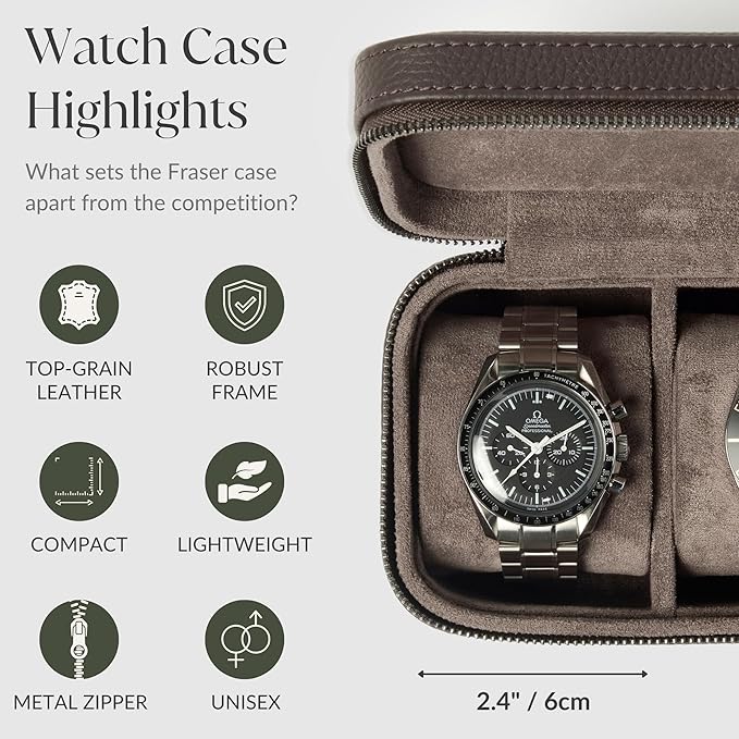 TAWBURY Watch Case - 2 Slot Genuine Top-Grain Leather Watch Travel Case for Men & Women with Metal Zipper and Extra Wide Pillows for Large Watches (Brown)