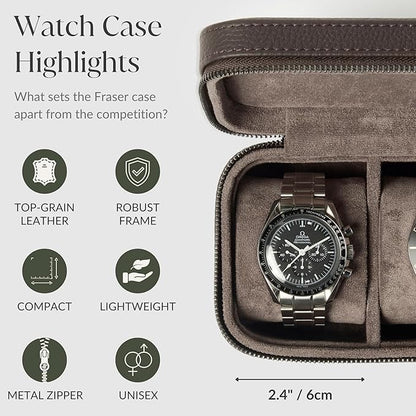 TAWBURY Watch Case - 2 Slot Genuine Top-Grain Leather Watch Travel Case for Men & Women with Metal Zipper and Extra Wide Pillows for Large Watches (Brown)