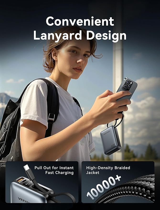 VENTION 45W Power Bank, CCC Certified 20000mAh with Built-in USB-C Cable, Fast Charging Travel Portable Charger with LED Digital Display for iPhone 17/16/15 Xiaomi Galaxy S26/S25 iPad Laptop(Beige)