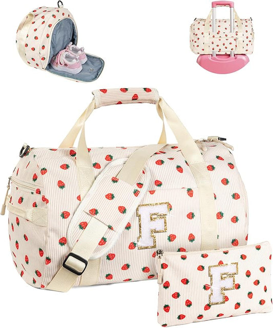 3 Year Old Girl Birthday Gifts, Girls Gym Bag, Kids Personalized Weekend Duffel Bags with Shoe Compartment, Initial Travel Tote with Makeup Bag, Trip Essentials for Preteen (Letter F)