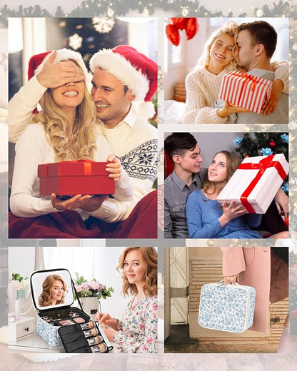 Relavel Travel Makeup Bag with LED Mirror, Portable Cosmetic Train Case with 3 Color Lighted Brightness Mirror, Makeup Artist Organizer Storage with Adjustable Dividers Make Up Box - Blue Flower