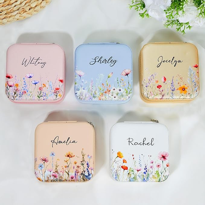 Custom Travel Jewelry Case With Mirror Small Leather Custom Name Birth Flower Jewelry Travel Case Birthday Jewelry Box Christmas Gifts For Mother Grandma Daughter Women Size 4×4×2INCH