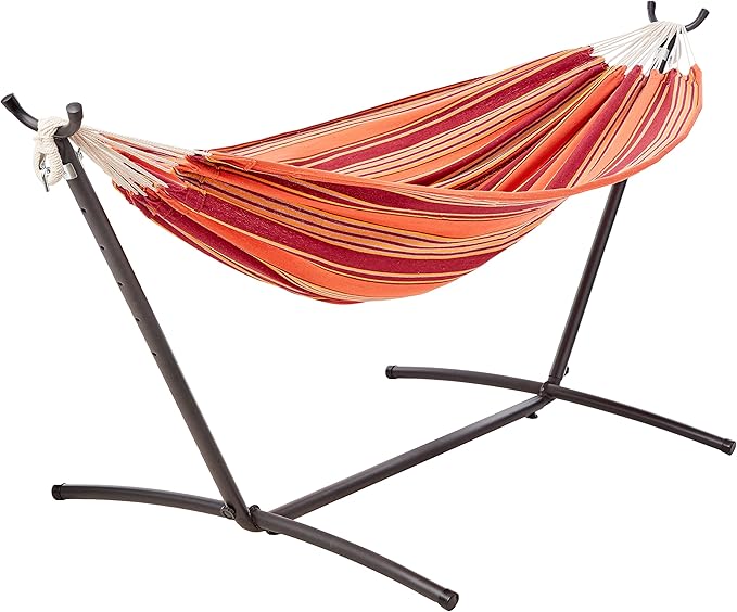 Amazon Basics 2 Person Heavy Duty Double Hammock with 9-Foot Space Saving Steel Stand and Carrying Case Outdoor, 450 lb Capacity, Sunset Orange, Stripe, 110 x 47 x 43 Inches