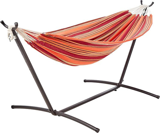 Amazon Basics 2 Person Heavy Duty Double Hammock with 9-Foot Space Saving Steel Stand and Carrying Case Outdoor, 450 lb Capacity, Sunset Orange, Stripe, 110 x 47 x 43 Inches