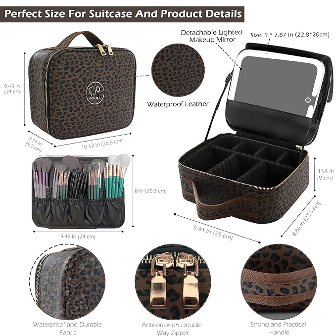 MOMIRA Makeup Train Case Makeup Bag with Light up Mirror Cosmetic Bag Organizer Detachable Portable Travel Makeup Case with Adjustable Dividers Makeup Brushes Storage, Waterproof,Leopard-Dark brown