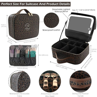 MOMIRA Makeup Train Case Makeup Bag with Light up Mirror Cosmetic Bag Organizer Detachable Portable Travel Makeup Case with Adjustable Dividers Makeup Brushes Storage, Waterproof,Leopard-Dark brown