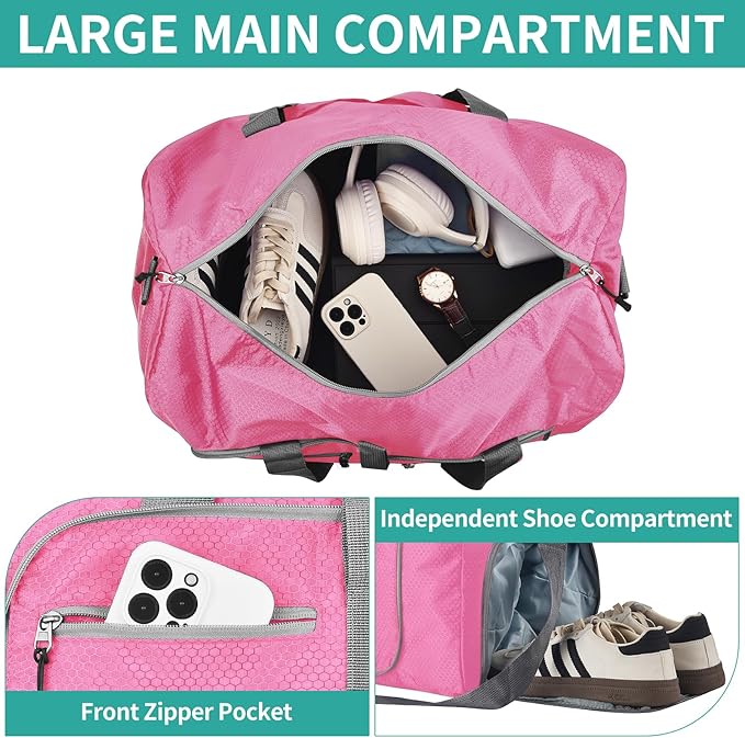 Dimayar Travel Duffle Bag for Men Women - Foldable Duffel Bag with Shoes Compartment - Overnight Bags Waterproof & Tear Resistant(85L,Pink)