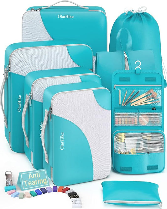 8 Set Packing Cubes for Travel, Gifts for Women Mom,Anti-Tearing Suitcase Organizer for Luggage with Shoe & Hanging Toiletry Bag,OlarHike Vacation Essentials & Accessories for Cruise Ship,Teal