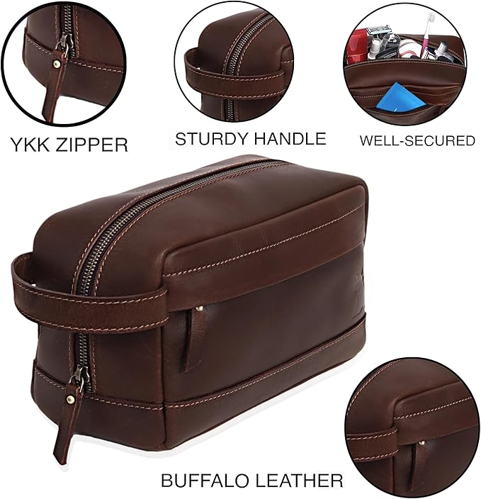 Leather Farm Premium Buffalo Leather Toiletry Bag for Men & Women - Dopp Kit With Water Resistant Lining, Shaving Pouch, Unisex Wash Bag For Toiletries, Gifts For Men and Women - Dark Brown