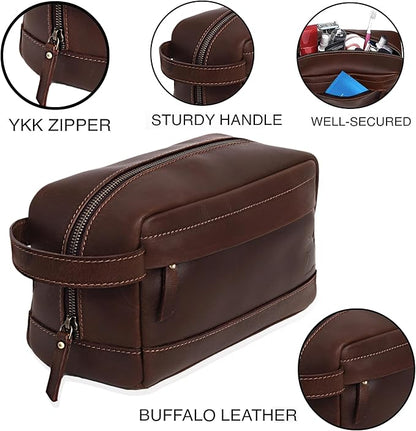 Leather Farm Premium Buffalo Leather Toiletry Bag for Men & Women - Dopp Kit With Water Resistant Lining, Shaving Pouch, Unisex Wash Bag For Toiletries, Gifts For Men and Women - Dark Brown