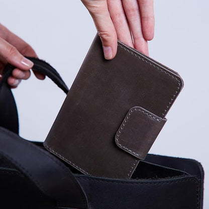 Grey Passport Holder for Travel with AirTag - Leather Passport Cover Compatible with Airtag Passports Wallet with Card Slots & Note Compartment, Magnetic Closure, Genuine Leather, Vintage Gray