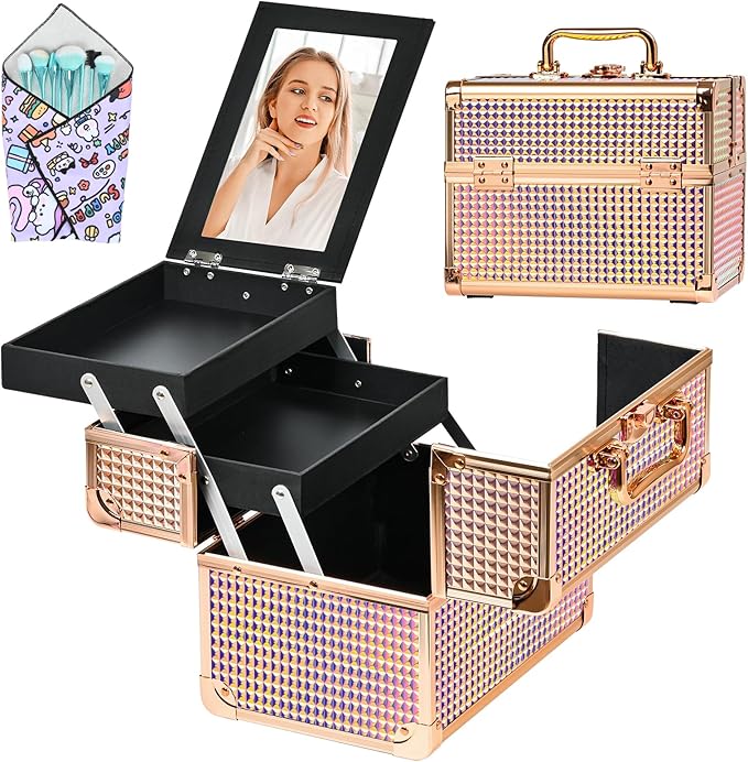 Makeup Case Organizer,Makeup Train Case, Trays Cosmetic Box Portable, Profesional for Salon Barber, Colorful Pink