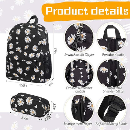 Redbaker 6 Pcs Kids Luggage Set 17 Inch Kids Rolling Luggage Double Pattern Suitcase for Girls Boys School Gift(Black,Daisy Style)