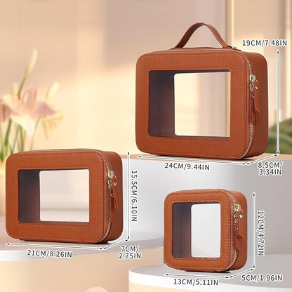 Pinkmik Clear Makeup Bag Waterproof Travel Case for Cosmetics and Toiletries Women's Purse Organizer and Clear Car Bag with Zipper (X/Brown, L+M+MINI)