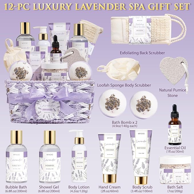Christmas Birthday Gifts for Women, Lavender Relaxing Spa Gift Baskets for Women Self Care Package Bath Gift Set, Home Bath and Body Kit Pamper Gifts for Womens Mom Her Friends Sister Wife Girlfriend