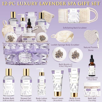 Christmas Birthday Gifts for Women, Lavender Relaxing Spa Gift Baskets for Women Self Care Package Bath Gift Set, Home Bath and Body Kit Pamper Gifts for Womens Mom Her Friends Sister Wife Girlfriend