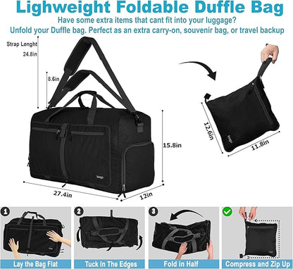 Bago Large Foldable Duffel Bags for Traveling Women & Men - 80L Packable Duffle Bag for Travel with Shoe Compartment - Water Repellant, Heavy Duty, Lightweight Folding & Collapsible (All Black)