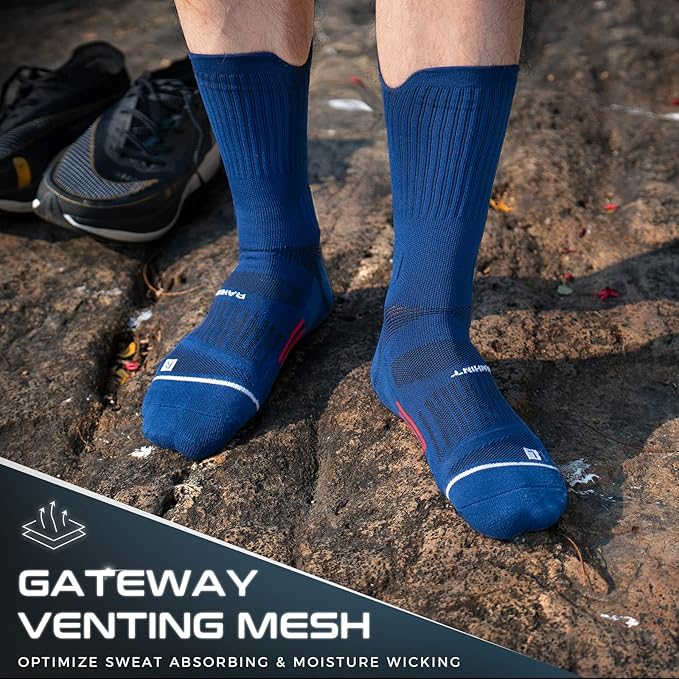 Compression Running Socks 3 Pairs, Cushion Crew Socks, Anti-Blister Moisture Wicking Athletic Hiking Basketball Socks