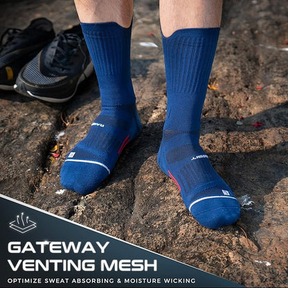 Compression Running Socks 3 Pairs, Cushion Crew Socks, Anti-Blister Moisture Wicking Athletic Hiking Basketball Socks