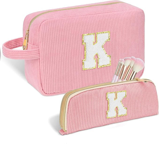 Personalized Initial Makeup Bag Trendy Stuff Corduroy Cosmetic Bag Travel Toiletry Bag for Women, Christmas/Thanksgiving/Halloween Gifts Makeup Organizer Case for Teen Girls Mom Girlfriend Wife - Pink