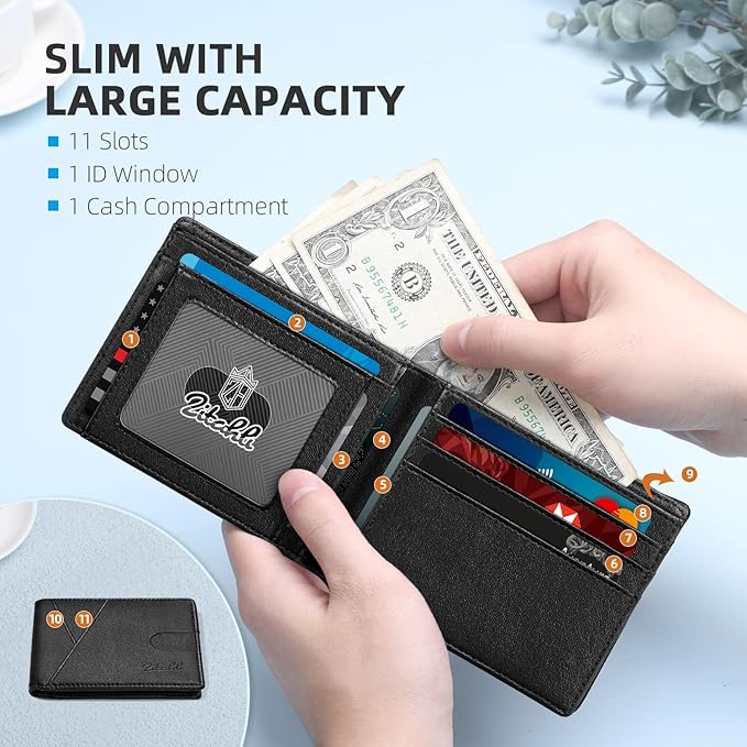 Zitahli Wallet for Men Slim 11 Credit Card Holder RFID Blocking Small Men's Wallet Bifold Minimalist Front Pocket With Mens Gifts Box