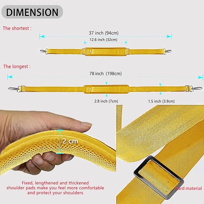 ZINZ Shoulder Strap 78" Universal Handbag Strap with Ultra-Thick Fixed Padded and Dual Balanced Adjustable Buckles Shoulder Crossbody Strap for Briefcase Messenger Bag Laptop Bag Luggage，Yellow