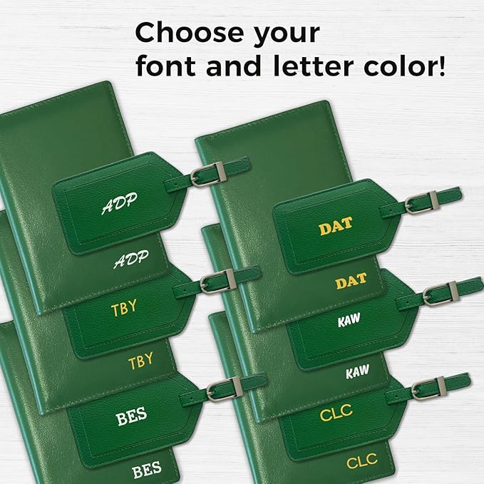 Personalized Monogrammed Emerald Green Leather RFID Passport Wallet and Luggage Tag