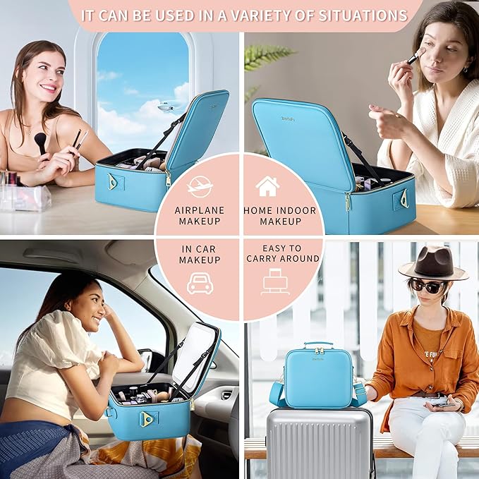 Travel Makeup Bag with LED Mirror, Cosmetic Train Case with Lighted Mirror, Waterproof Makeup Organizer Case for Brush Holder Storage, Travle Toiletry Bag for Women Gift