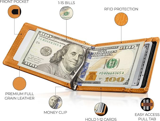 Kingly Cash Clip Slim Leather Wallet for Men with RFID Blocking & Money Clip - Minimalist Front Pocket Bifold Wallet Holds 12 Cards - Secure Card Holder with Easy Access Pull Tab