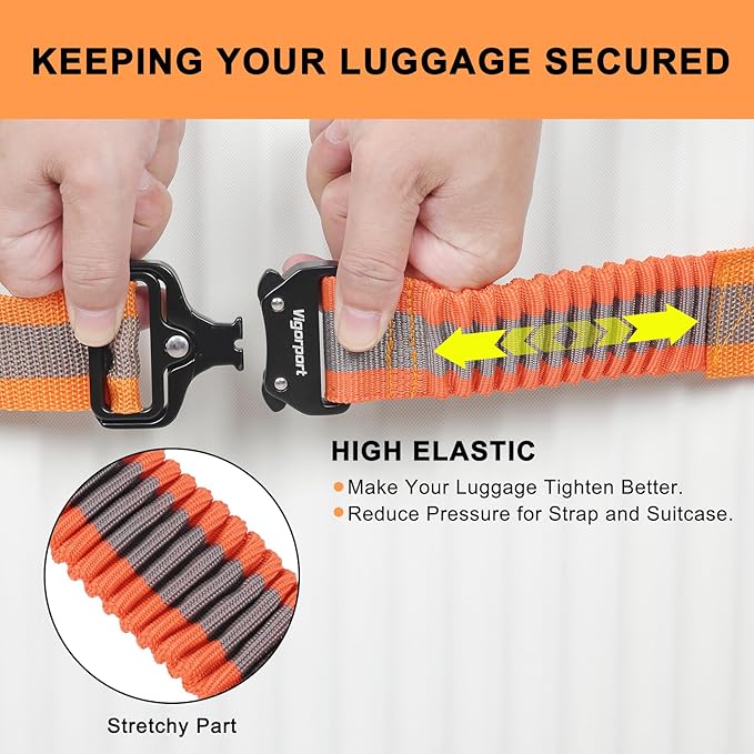 Vigorport Luggage Straps for Suitcases 2 Pack, Heavy Duty Metal Buckle Luggage Belt Strap, TSA Approved Suitcase Belt, Stretchable Travel Strap for Luggage (Orange, 72''L & 79''L)