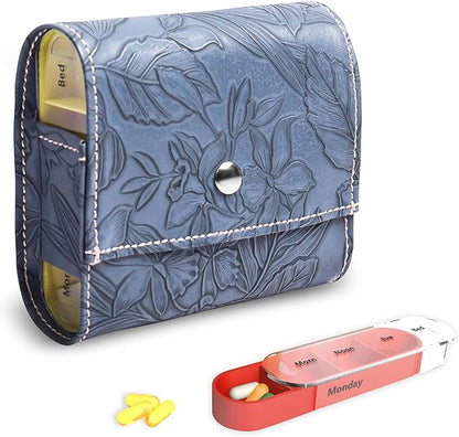 Pill Organizer,LIZIMANDU Weekly Travel Pill Case Box Medication Reminder Daily AM PM, Day Night 7 Compartments,for 4 Times A Day, 7 Days a Week-Includes Leather PU Carrying Case(1-Carved Blue3)