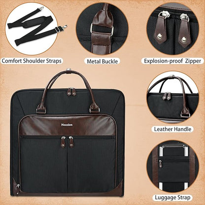 Garment Bag Travel Large Leather Carry On Suit Bag with Strap for Business Hanging Suitcase Luggage Bags for Men Women (Black)