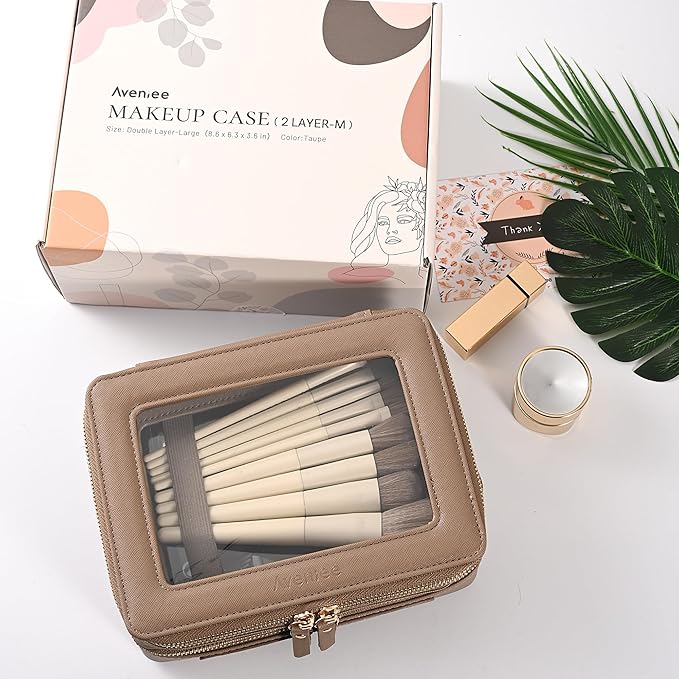 Aveniee Large Clear Makeup Bags, Double Layer Cosmetic Bags with Separate Brush Compartment,Travel Toiletry Bag Train Case,Travel Accessories Organizer for Women,2 Layers,Brown