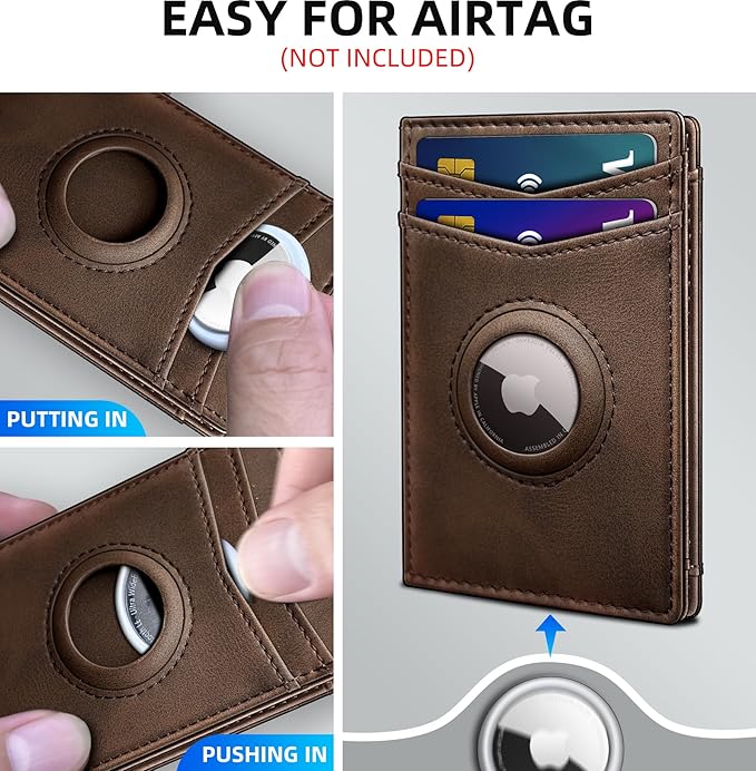 Airtag Wallet for Men- with Money Clip Gift Boxed, Magnetic Closure Slim Genuine Leather Front Pocket Wallet, 4.1"x 2.8", RFID Blocking