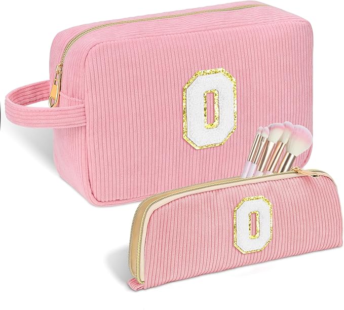 Personalized Initial Makeup Bag Trendy Stuff Corduroy Cosmetic Bag Travel Toiletry Bag for Women, Christmas/Thanksgiving/Halloween Gifts Makeup Organizer Case for Teen Girls Mom Girlfriend Wife - Pink