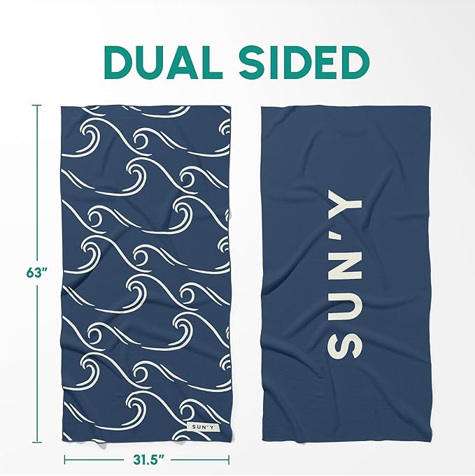 SUN'Y Waffle Microfiber Beach Towel – Sand Free, Quick Dry, Ultra Absorbent, Lightweight & Compact Travel Towel with Carry Bag - Large (63” x 31.5”), Curl