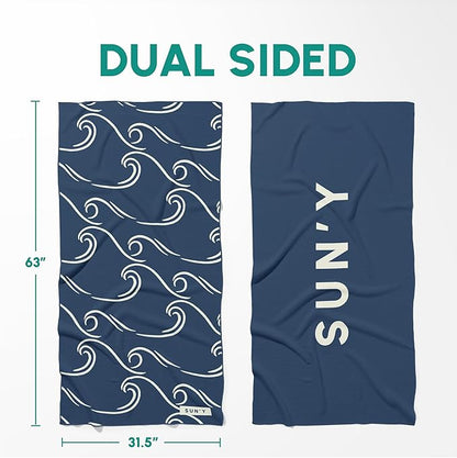 SUN'Y Waffle Microfiber Beach Towel – Sand Free, Quick Dry, Ultra Absorbent, Lightweight & Compact Travel Towel with Carry Bag - Large (63” x 31.5”), Curl