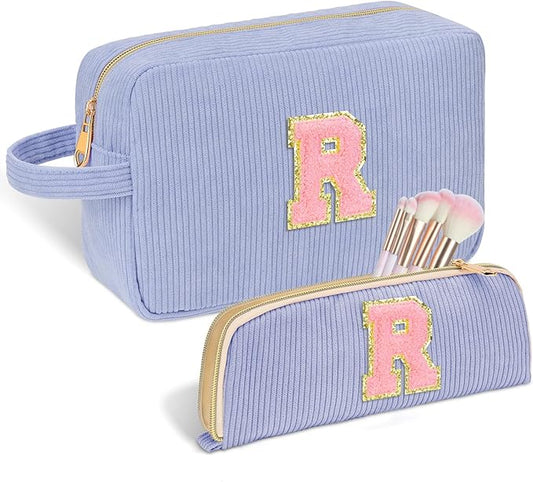 Personalized Initial Makeup Bag Trendy Stuff Corduroy Cosmetic Bag Travel Toiletry Bag, Christmas/Thanksgiving/Halloween Gifts Makeup Organizer Case for Women Girls Mom Girlfriend Wife - Blue
