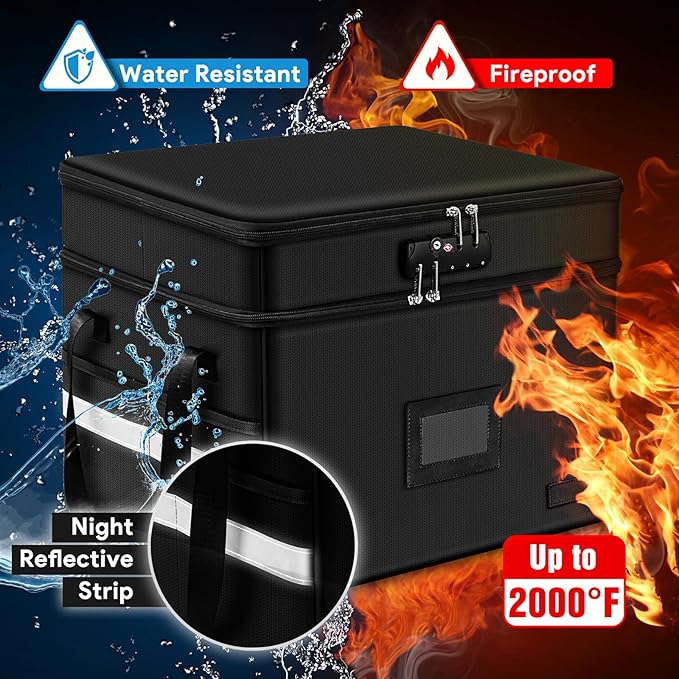 ETRONIK Fireproof Document Box with Lock, 2 Layer File Cabinet Organizer with 5 Tab Inserts, Portable Office Collapsible File Storage with Reflective Strip for Hanging Letter, Legal Size Folder