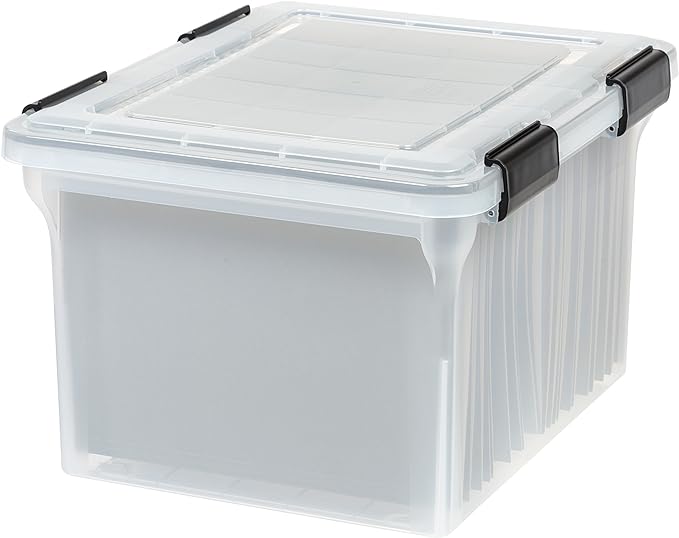 IRIS USA File Box WeatherPro File Organizer Plastic File Box for Letter/Legal File, Water Resistant Document Box, Durable Lid, Seal w/ Secure Latching Buckles, Stackable, Nestable, Clear 32 Qt. 1Pack