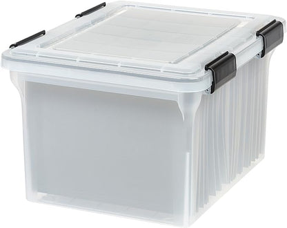 IRIS USA File Box WeatherPro File Organizer Plastic File Box for Letter/Legal File, Water Resistant Document Box, Durable Lid, Seal w/ Secure Latching Buckles, Stackable, Nestable, Clear 32 Qt. 1Pack